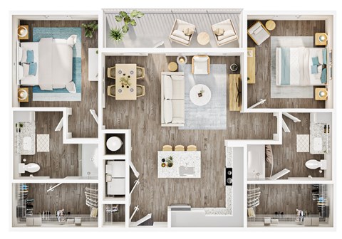 A top-down view of a modern, well-organized apartment with a kitchen, living room, and bathroom. at Allegra at Cocoa in Cocoa, FL, 32926